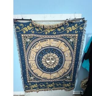 Astrology Zodiac Sign Tapestry Fringe Throw Blanket Blue Gold 50"x59"
